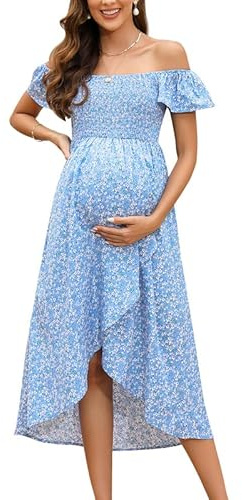 Clearlove damer sommar mammaklänning kortärmad A-linje amningsklänning casual tryck gravida klänningar graviditetsklänning, blå, L