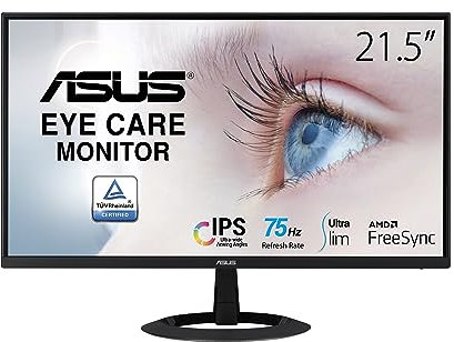 ASUS Eye Care VZ22EHE - 22 Zoll Full HD Monitor - Schlankes Design, Rahmenlos, Flicker-Free, Blaulichtfilter, Adaptive Sync - 75 Hz, 16:9 IPS Panel, 1920x1080 - HDMI, D-Sub, Schwarz