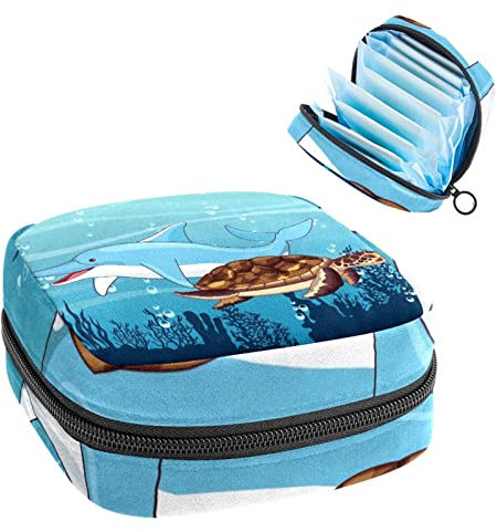 Cartoon Delphin Schildkröte Schwimmen Ozean Periode Tasche Tragbar Tampon Aufbewahrungstasche für Damenbinden, Mehrfarbig, 4.7x6.6x6.6 in/12x17x17 cm