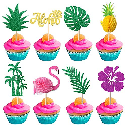Xsstarmi 24 Pack Tropical Cupcake Toppers Glitter Leaf Pineapple Flamingo Cupcake Picks Aloha Hawaiian Luau Cake Decorations for Summer Aloha Theme Baby Shower Birthday Wedding Party Decor