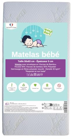 Easy Dort Babymatratze 50 x 83 cm | Wiege oder Babybett | hergestellt in Frankreich | antibakteriell | Sommer & Winter | doppelseitig | sehr bequem | Bezug aus Bambus | Öko-Tex® | Weiß |