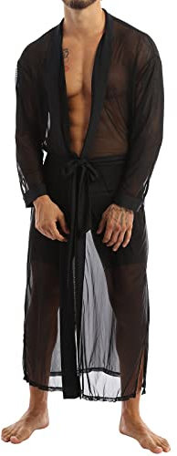 Duohropke Herren Sissy Dessous Set Spitzen Mesh Morgenmantel Lange Geschnürte Kimono Robe Und T-Back Set Transparent Nachtwäsche Reizwäsche