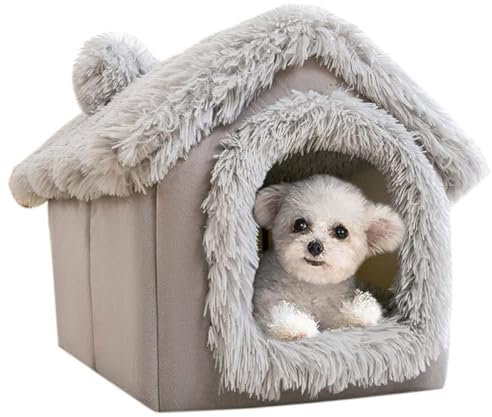 DOKLY Weich Warm Haustierhaus,Haustierzelt, Winter, warm, Katzenhöhle, Outdoor Hundehöhle, Haustiernest,faltbar,Hundehütte für Innenbereich, Für Kleine Hund Katze(groß, Plüschgrau),Plüsch Grau-L