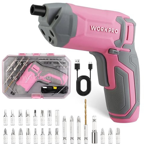 WORKPRO Perceuse Visseuse Sans Fil 3,6V, Visseuse Devisseuse Excentrique Rechargeable avec Batterie 2,0Ah, 7Nm, 2 Sens Rotation + Lampe LED, Câble Charge USB, 24 Accessoires, pour Bricolage, Rose