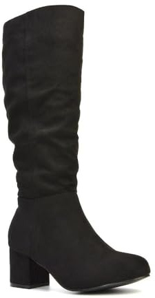 ESSEX GLAM Womens Mid Calf Boots Ladies Rouched Block Low Heel Slouchy Black Faux Suede Shoes Size 5