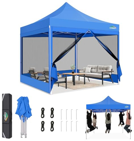 COBIZI Gazebo 3x3 Pieghevole Impermeabile,Gazebo Esterno Resistente con Zanzariera Parete Laterale,Tende per Gazebo,Tendone Padiglione Pop Up per Feste Campeggio con Borsa(3 per 3m Blu)