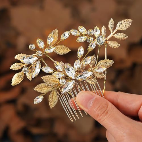 Handcess Braut Hochzeit Haarnadeln Gold Strass Haarteil Kristall Braut Haarkämme Hochzeit Blatt Haarschmuck für Frauen und Mädchen (3 Stück)