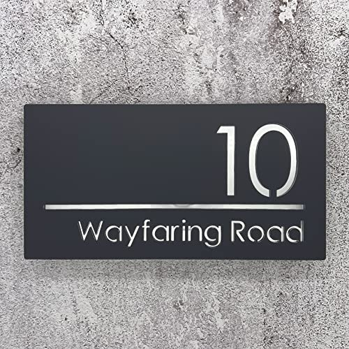 House Numbers Plaques Door Plaques Door Number For Wall House Floating Laser Cut Shiny Mirror Text Floating Sign (Matt Grey & Silver Text)