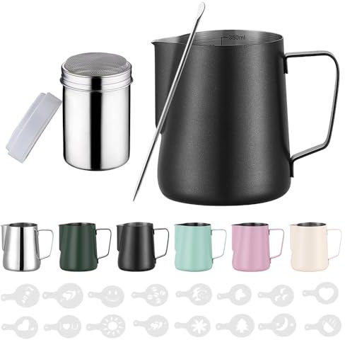 Zuquik Brocca per latte in acciaio inox, 350 ml, barista con misurazione Mark 12oz, bricco per latte con spargitore per cacao, 16 stencil e penna per cappuccino e espresso, nior