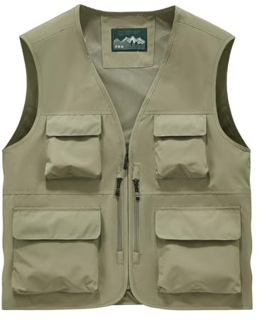 Sukany Men's Safari Utility Fishing Vest Work Travel Cargo Gilet Tool Military Tactical Shooting Waistcoat Outdoor Clothing Multi Pocket Jacket Fisherman Costume Khaki L
