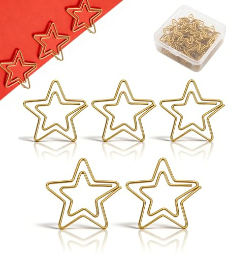 Cyrank 100 Stück Dekorative Büroklammern, Sternförmige Büroklammern, Geschenkbox-förmige Büroklammern, Lustige, Niedliche Metall-Büroklammern, Goldene Büroklammern(Star Shape)