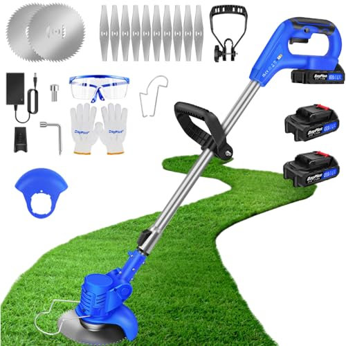 Akku Rasentrimmer mit Akku 21V Elektrischer Rasentrimmer Elektro-Trimmer Akku Motorsense Rasen mit 2X 1.5Ah Akku & Metall Messer, Akku Freischneider Gartenkantenfräser für Rasenschneiden, Garten, Hof