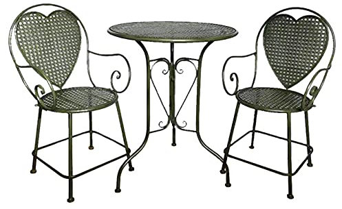 Gartenbank für draußen, 3-teiliges Bistrotisch-Set aus Eisen, bodenstehendes Terrassenmöbel-Set für draußen, 2 herzförmige Einzelstühle und ein hohler runder Tisch, antike Gartenmöbel, wetterbeständi