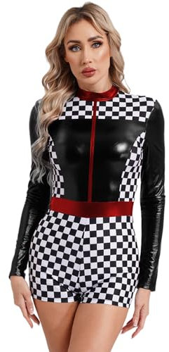 dPois Damen Rennfahrerin Uniform Kostüm Sexy Overall Kurz Jumpsuit Langarm Einteiler Body Glänzend Halloween Fasching Kostüm Schwarz XL
