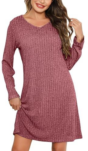 Lovasy Camicia da Notte Donna Inverno Camicia da Notte a Maniche Lunghe in Maglia a Coste Sottoveste Caldo con Scollo a V Morbido Pigiama Lungo Vestaglie per Casa e Casuale,A Rosso,XXL