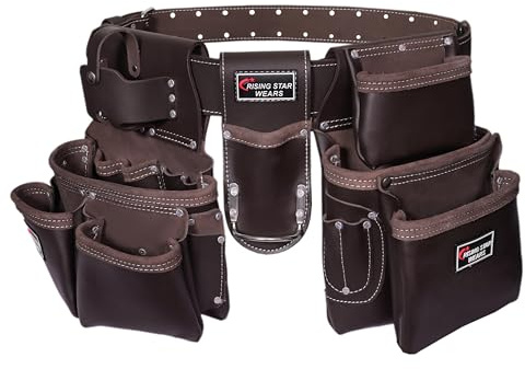 100% Leather Electrician Tool Pouch with Adjustable Belt,Stylish Tool Bag for Waist with 19 Pockets, Perfect for Carpenters,Plumbers, Electricians,Craftsmen,and Handymen