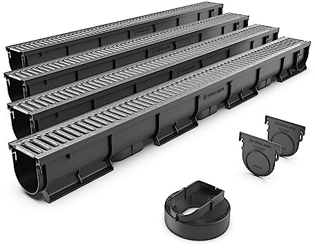 Vodaland EASY 1 Slim Plastic channel drain kit with galvanised steel grating - load class A15 (4 Pack)