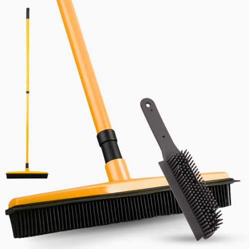 Gummibesen und Tierhaarbürsten-Set, ausziehbarer 122 cm langer Griff, weicher Gummibesen, Fellentferner-Besen mit Rakel, Tierhaarentfernungsbesen und Bürste für Teppich, Hund und Katze