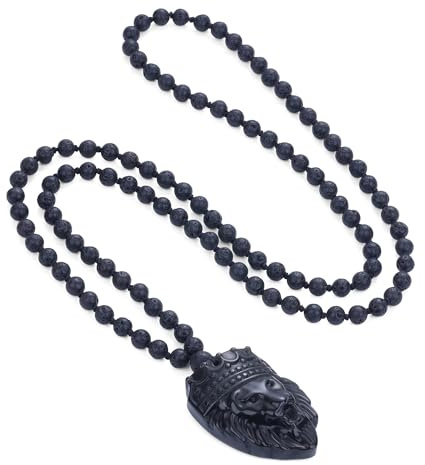 COAI 108 Mala Perlenkette mit Lavastein Perlen und Obsidian Löwenkopf-Anhänger für Herren