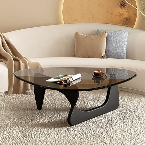MZBDYYF Table Basse Triangulaire Moderne du Milieu du siècle avec Dessus en Verre et Base en Bois pour Le Salon - Conception Ovale rétro pour Le Bureau à Domicile - Finition Brune Naturelle