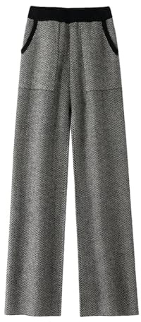 Pantaloni invernali da donna in 100% lana, classici a spina di pesce, pantaloni a gamba larga in lana merino, Nero , XXL