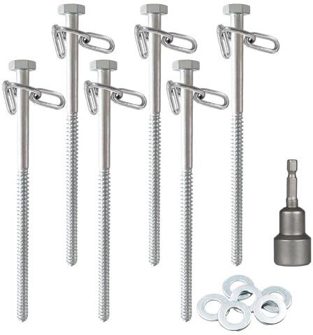 6pcs 3/8 x 12 inch Heavy Duty Camping Ground Anchors, Non-Rust Tent Stakes Screw in Kit for Securing Animals, Trampoline, Carports, Canopies, Sheds, Swing Sets, Ground Anchors for High Winds