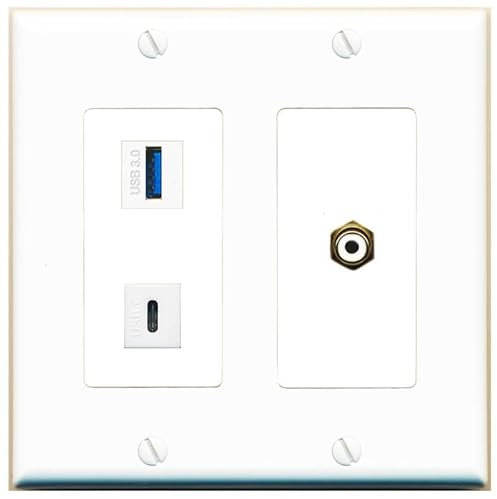 RiteAV Placa de pared hembra de 2 puertos RCA, color blanco, USB-3