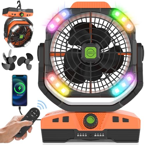 RUNTOP Ventilador de camping recargable de 20000 mAh, oscilante con pilas, luz LED/RGB y control remoto