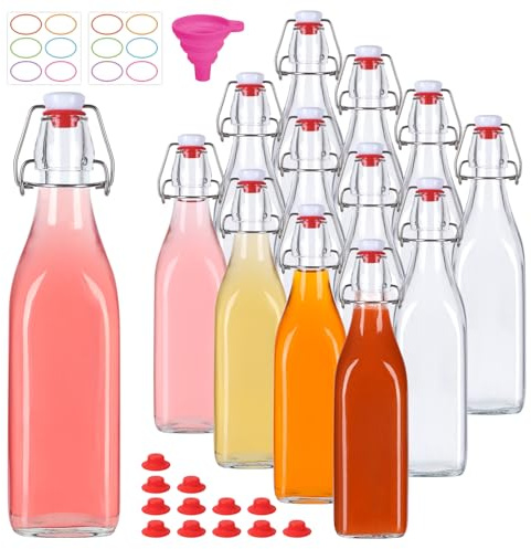 CAKKVDE 12 Pack 16oz Swing Top Glass Bottles,Flip Top Glass Bottle,Square Bottles with Airtight Stoppers for Kombucha, Kefir, Vanilla Extract, Beer