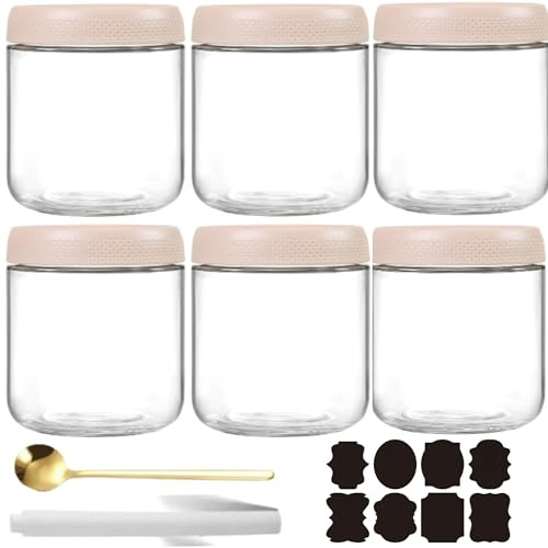 CNKHDZ 4 stycken små glas med lock över natten havregrynsgröt förberedelse sallad mat flingor snack behållare pudding yoghurt lagring förseglingsbara glas (Vit, 6 stycken/500ML)