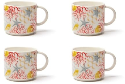 Excelsa Coral Set 4 Tazze da Tè in New Bone China con Motivo Corallo e Stelle Marine