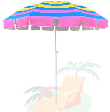 Ombrellone da Spiaggia a Strisce 240 Cm con Frangia, Altezza Regolabile Ombrellone da Giardino Portatile con Protezione UV50+