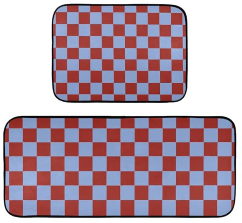 Küchenteppiche, rutschfest, waschbar, rot-blaues Schachbrett, Anti-Ermüdungsmatte, Stehmatte für Küche, Flur, Läufer-Set, 2 Stück
