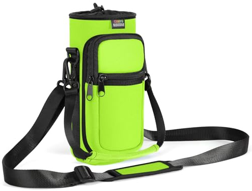Nuovoware Borsa Portabottiglie, Portabottiglie da 750ml, Tracolla Regolabile, 2 Tasche, Manica in Neoprene, Accessori Sportivi per l'Escursionismo e i Viaggi, Verde Fluorescente