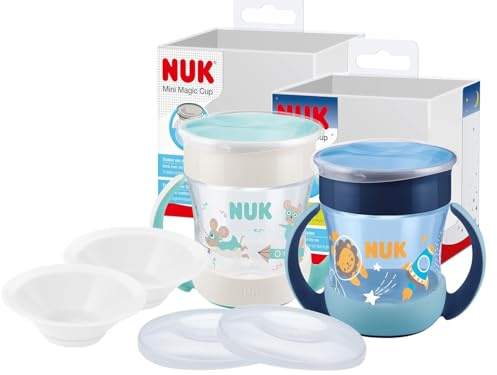 NUK Mini Magic Cup GITD Blau – Leuchtender 2er Pack + 2 Ersatzdeckel & 2 Trinktüllen – BPA-frei, ideal als Nachtbecher