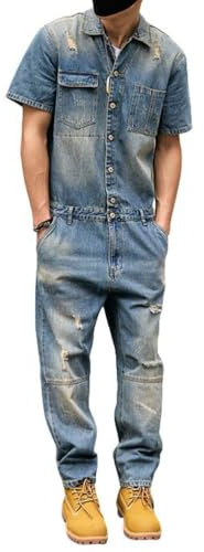 QOUERUUE Tuta Intera Casual da Uomo In Denim A Maniche Corte con Bottoni Fori Jeans Strappati Abbigliamento Da Lavoro Con Tasche,Blu,M