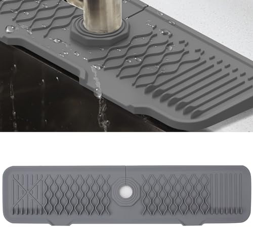 Muiltvoe Silicone Faucet Mat for Draining, Kitchen Tap Sink Splash Guard, Foldable Tap Drip Draining Holder, Faucet Handle Drip Catcher Tray for Kitchen and Bathroom Countertop Protect (61 cm, Grey)