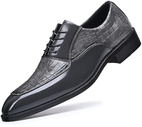 Men's Retro Leather Print Plain Toe Business Oxfords Fashion Lace Up Pointed Toe Slip On Derby Formal Dress Shoes for Work Party Wedding (Gray,8)