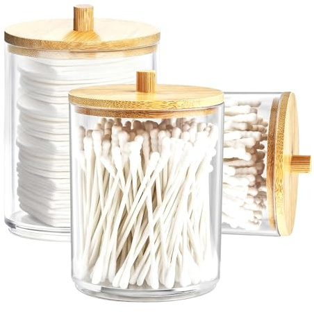 Zorplex 3 Stück Wattestäbchen Behälter, Acryl Kosmetik Organizer mit Deckel, Bad Organizer Set zur Aufbewahrung von Wattepads, Wattestäbchen, Make-up Schwämmen und Haaraccessoires (Transparent)