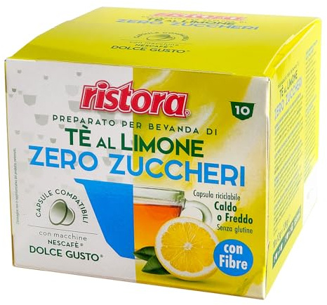 40 Capsule Ristora Compatibili con le Macchine ad uso domestico Nescafè®* Dolce Gusto®* 40 Tè The al limone zero zuccheri Senza Glutine e Senza Zuccheri Aggiunti