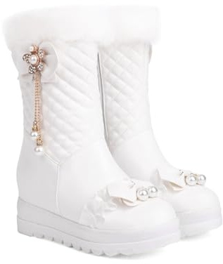 Söta Ankelstövlar Med Rosetter Eleganta Ankelboots For Damer Med Pärlor PU-läder Korta Stövlar Med Kilklack Varma Vinterfodrade Snöstövlar Med Dragkedja, Ankelskor(White,41 EU)