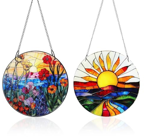 Lot de 2 attrape-soleil pour fenêtre - En acrylique - Effet verre coloré - Avec chaîne - Décoration de fenêtre à suspendre - Pour fenêtre, terrasse, mur, maison et jardin (20 x 20 cm)