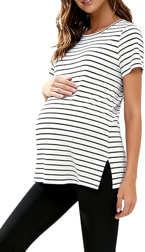 WOOXIO Women's Maternity Tops Short Sleeve Split Side Pregnancy Shirts Clothes