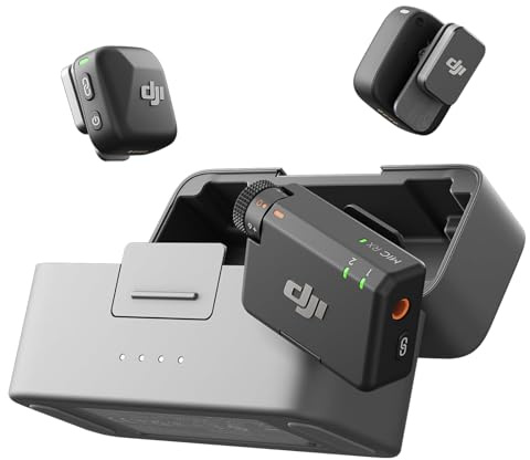 DJI Mic Mini (2 trasmettitore, 1 ricevitore, base di ricarica), microfono lavalier wireless per Android e iPhone, OsmoAudio per registrazione video, Tiktok, YouTube, Vlog Podcast Content Creator