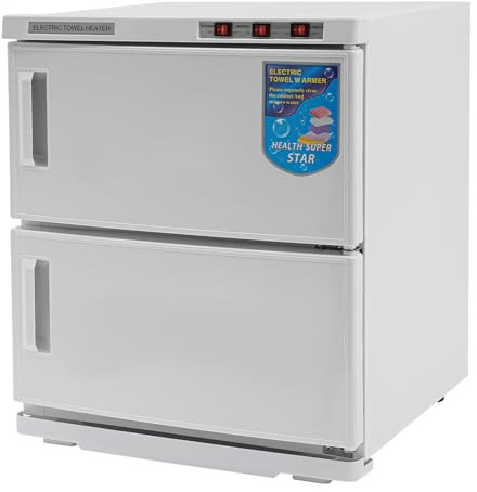 Qurib Scaldasalviette elettrico da 50 l, a 2 livelli, 412 W, 70 °C, in acciaio inox, con gocciolatoio e porta asciugamani, per salone, spa, hotel, casa, bianco