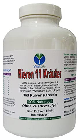 NIEREN 11 Kräuter Nierenkräuter 360 Kapseln NATUR pur Goldrute Eibisch Bärentraube Wasserhanf Brennnessel Schachtelhalm uvm - OHNE Zusatzstoffe [für 6 Monate] 26311-360