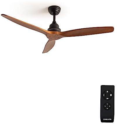CREATE / WINDWOOD/Ventilador techo negro aspas madera oscura con mando / 75W, Silencioso, Ø132 cm, 3 velocidades, temporizador, 2 alturas