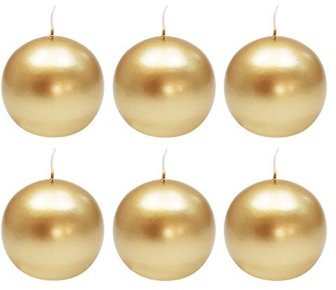Ebersbacher Kerzenfabrik GmbH Kugelkerzen Gold lackiert, 6 Stück, Größe ca. Ø 80 mm, einzeln in Folie, runde Kerze Weihnachtskerze Adventskerze