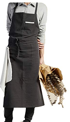 AOBBYBBS Verstellbare Schürze im japanischen nordischen Stil, weiche Baumwoll-Leinen-Schürze mit vier Taschen, ein Handtuch, Dunkel_Grau, 38L*32W