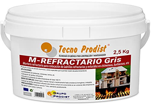 M-REFRACTARIO GRIS de Tecno Prodist - (2,5 kg) Mortero refractario especial ladrillos refractarios y enlucidos en zonas que alcancen altas temperaturas como barbacoas, hornos o chimeneas.
